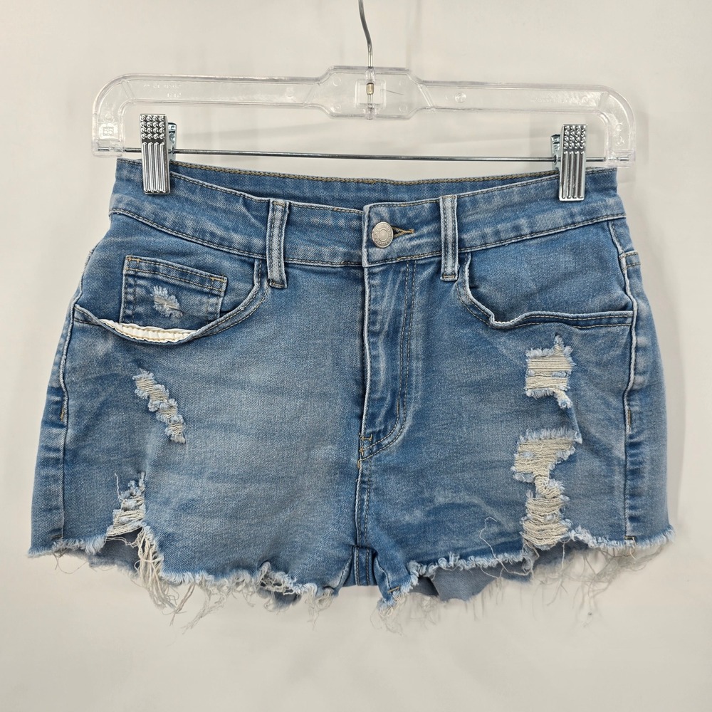 SHEIN Womens Distressed Denim Shorts Light Wash Frayed Hem Size 4 S 26‎ Waist